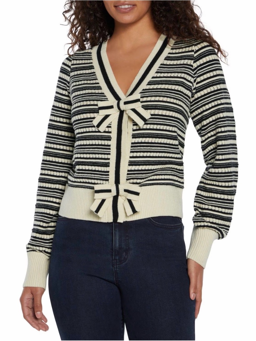 Express Black & White Striped Bow Cardigan Cropped Length V-Neck Coquette Girly